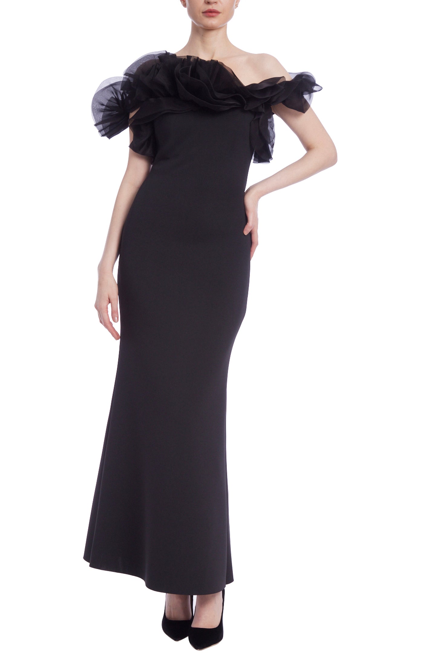 Badgley Mischka Off-Shoulder Petal Organza Ruffle Sleeveless Gown Dress - BLACK - Front