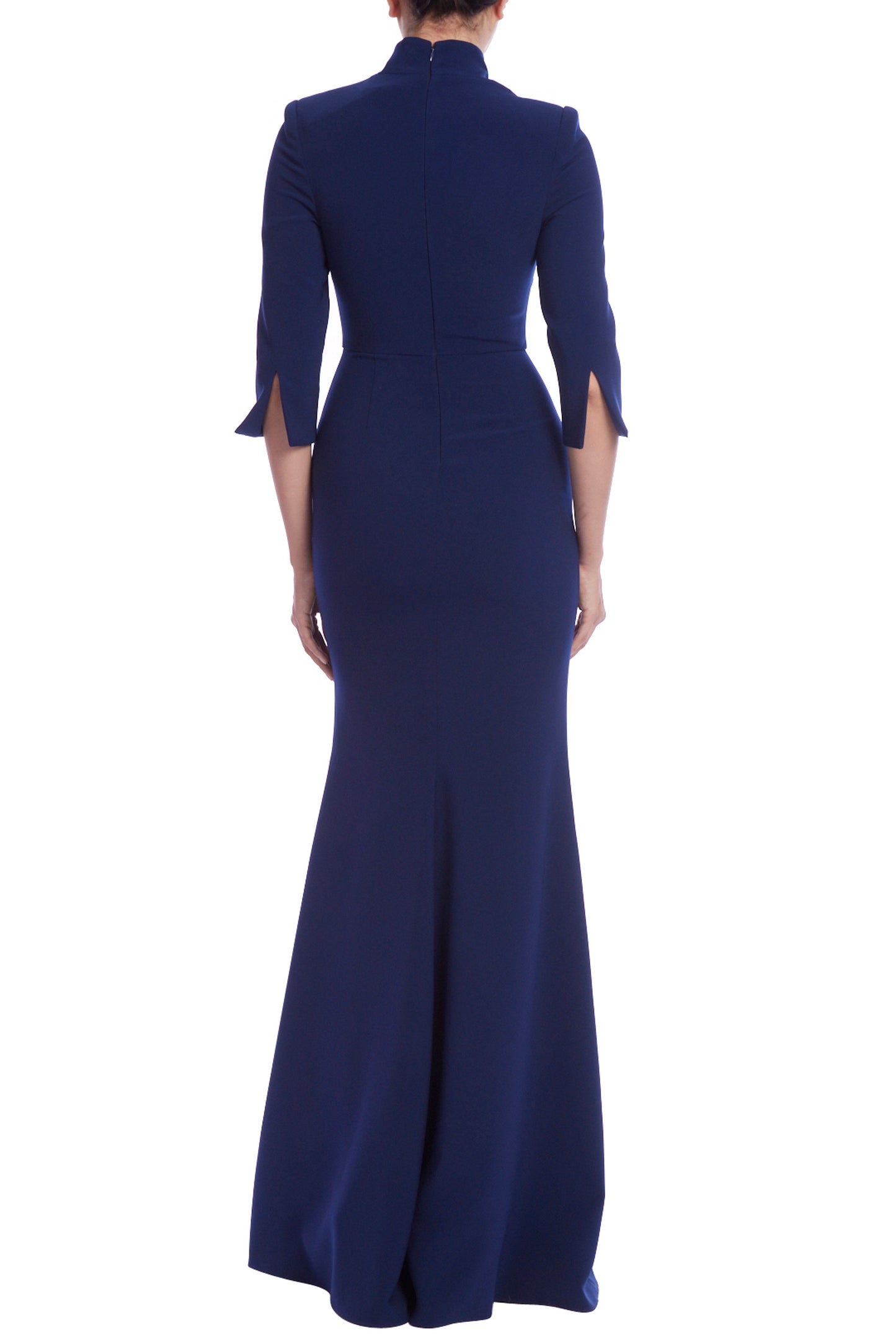 Badgley Mischka Beaded V-Inset Mock Neck Floor-Length Silhouette Crepe Gown - NAVY - Back