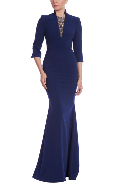 Badgley Mischka Beaded V-Inset Mock Neck Floor-Length Silhouette Crepe Gown - NAVY - Front