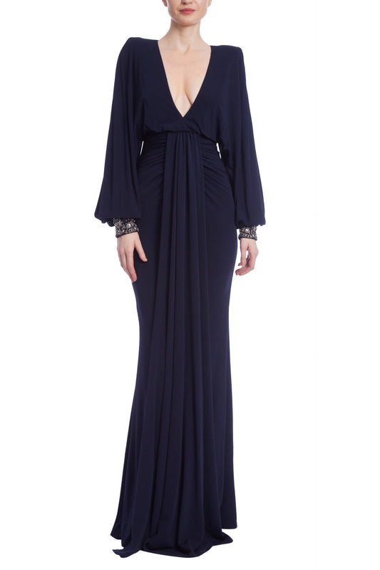 Badgley Mischka Deep V-Neck Long Sleeve Beaded Cuffs Ruched Floor-Length Matte Jersey Gown - NAVY - Front