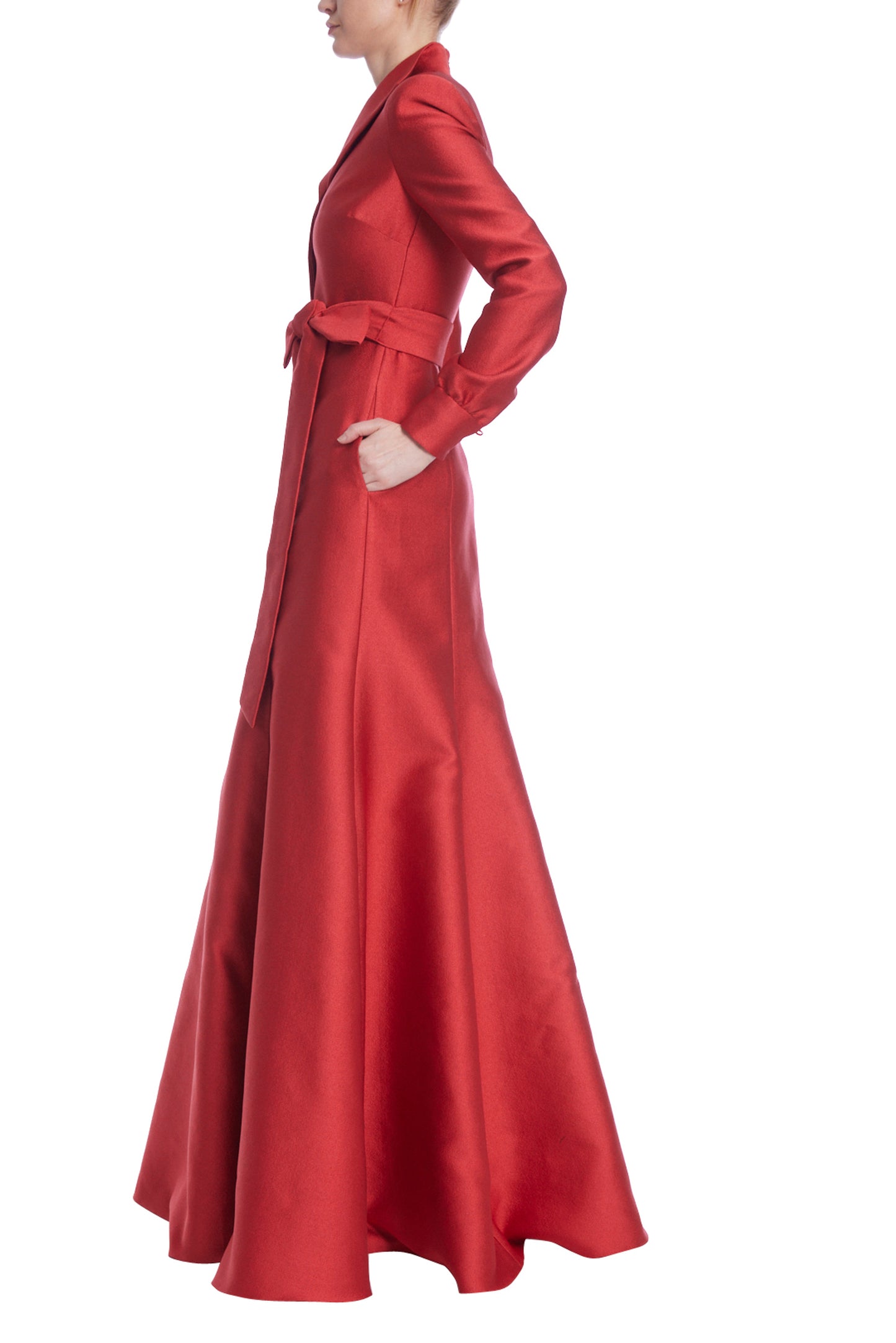 Badgley Mischka Collared V-Neck Luxe Coat Bow-Tied Sash Pebble Crepe A-Line Skirt Gown - RED - Side