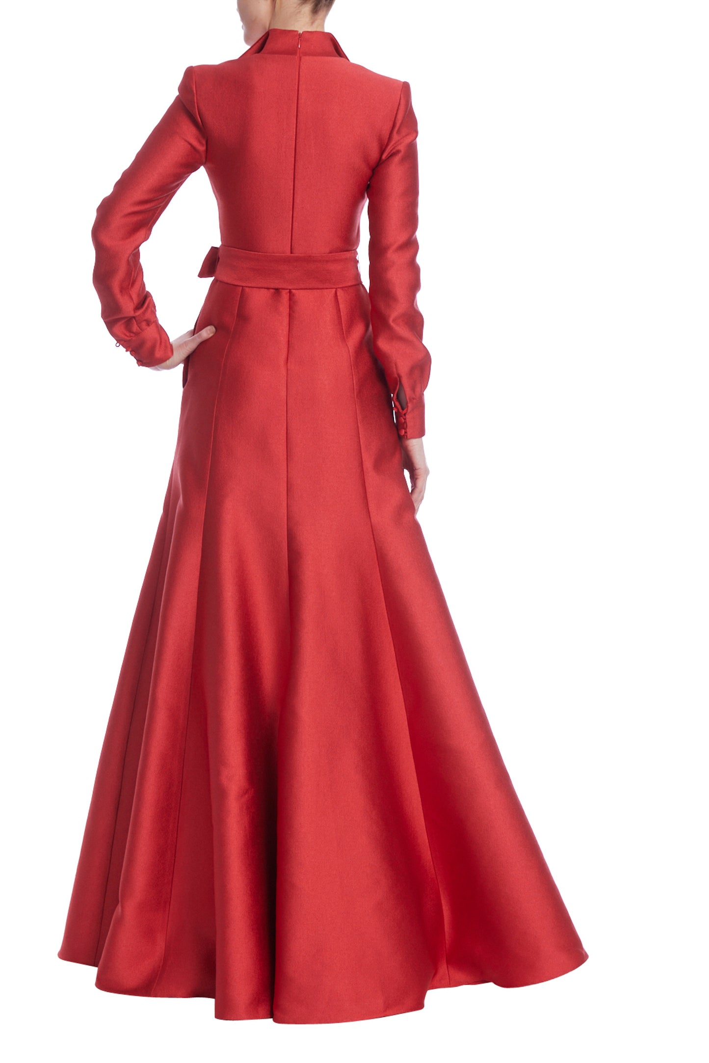 Badgley Mischka Collared V-Neck Luxe Coat Bow-Tied Sash Pebble Crepe A-Line Skirt Gown - RED - Back