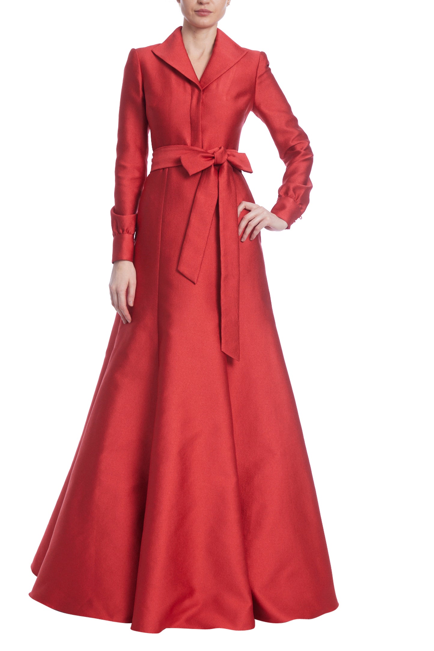 Badgley Mischka Collared V-Neck Luxe Coat Bow-Tied Sash Pebble Crepe A-Line Skirt Gown - RED - Front