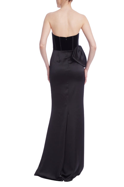 Badgley Mischka Strapless Bustier Bodice Velvet Corset Satin Skirt Bodice Gown - BLACK - Back