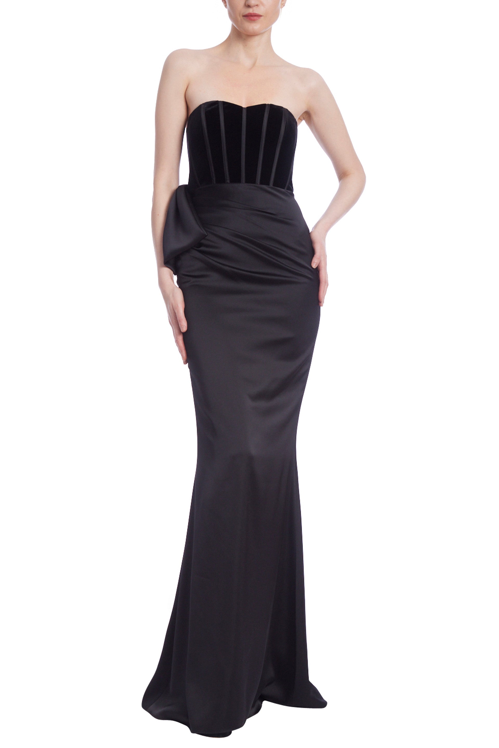 Badgley Mischka Strapless Bustier Bodice Velvet Corset Satin Skirt Bodice Gown - BLACK - Front