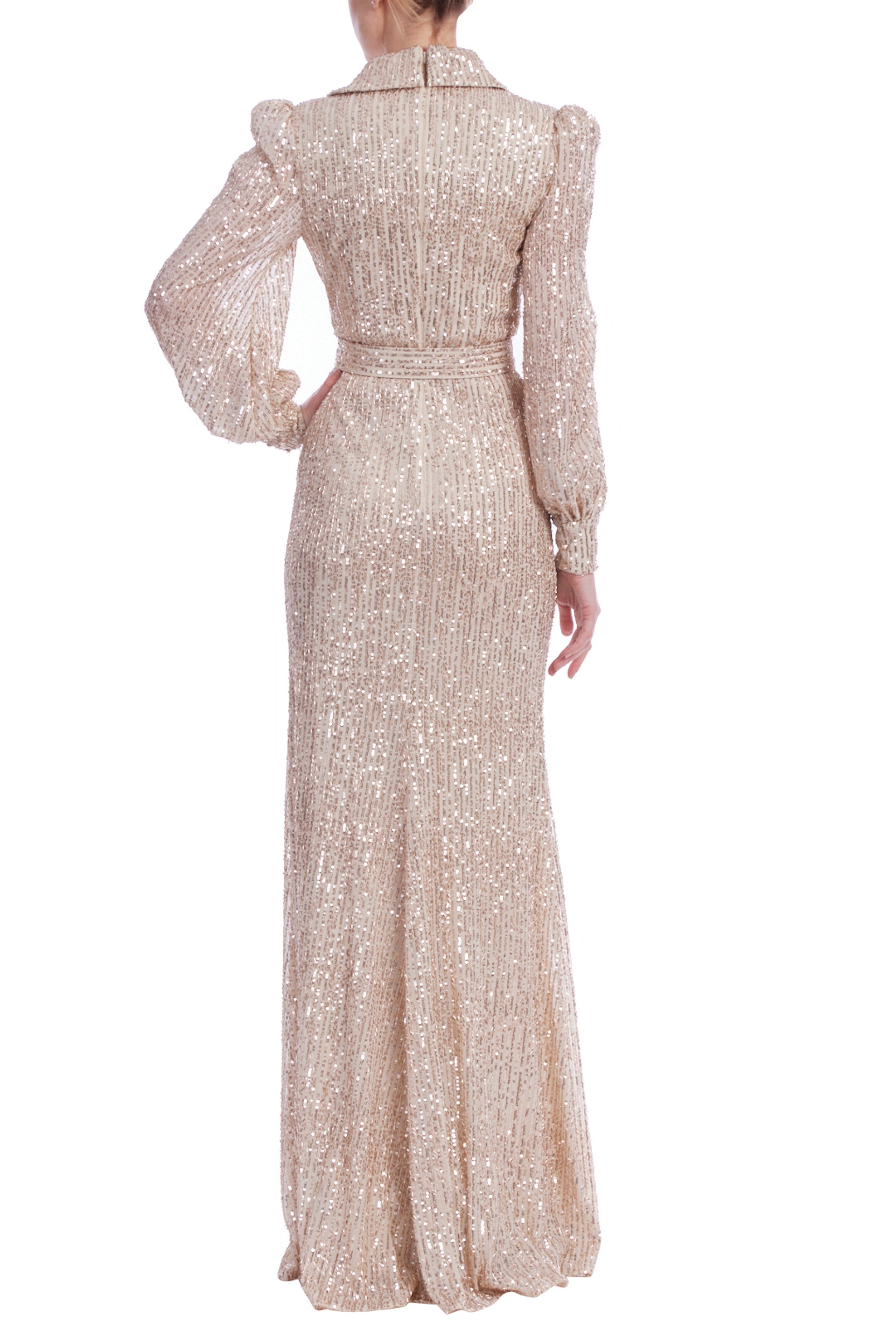 Badgley Mischka Collared Plunging Neckline Long Sleeves Cinched Waist Sleek Belt Gold Sequin Gown Dress - GOLD - Back