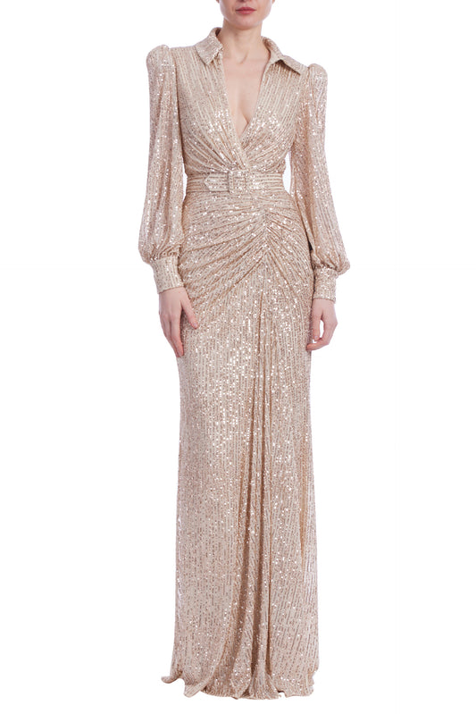 Badgley Mischka Collared Plunging Neckline Long Sleeves Cinched Waist Sleek Belt Gold Sequin Gown Dress - GOLD - Front