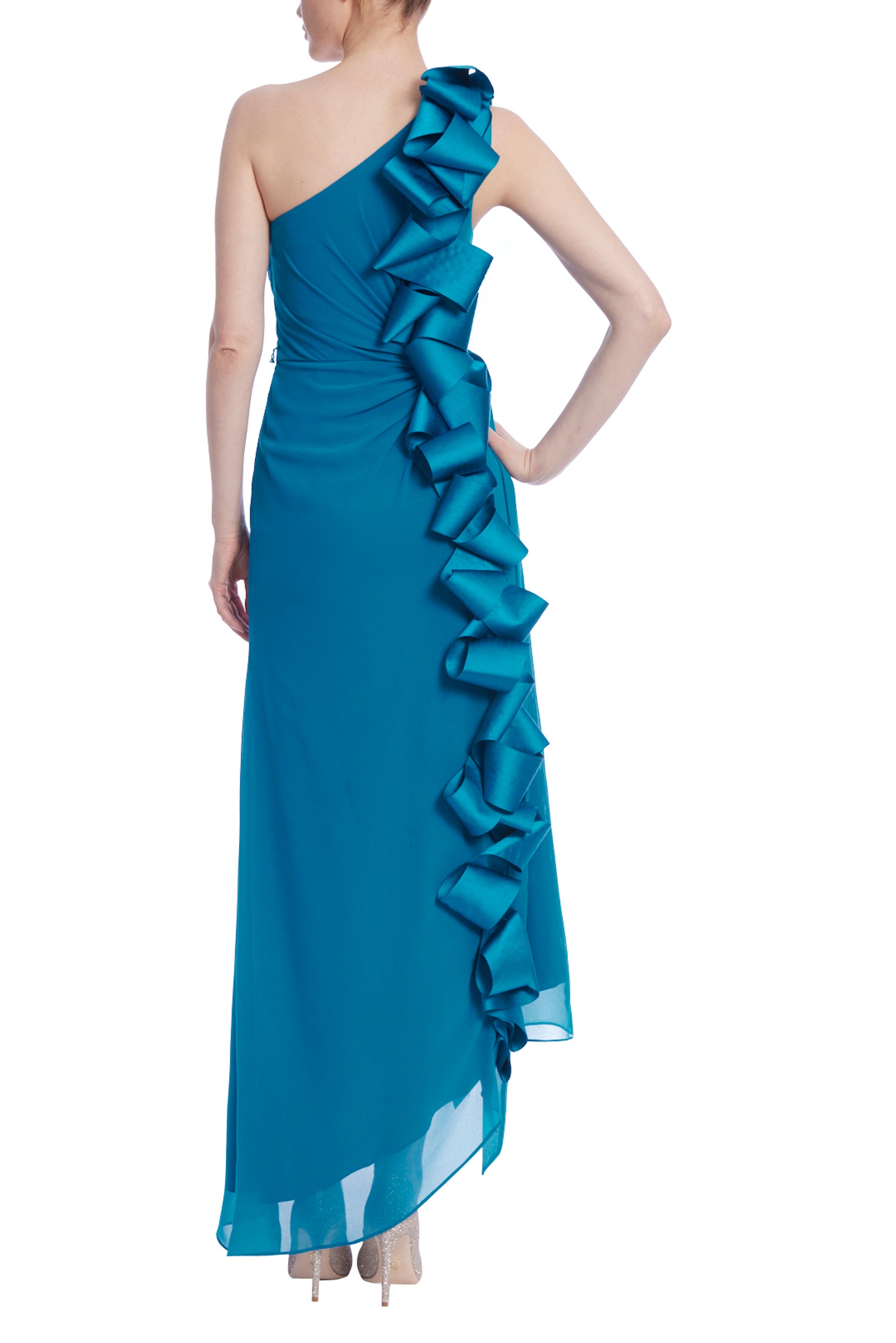 Badgley Mischka One-Shoulder Sleeveless with Cascading Satin Ribbon Bow Georgette Gown - PRUSSIAN BLUE - Back