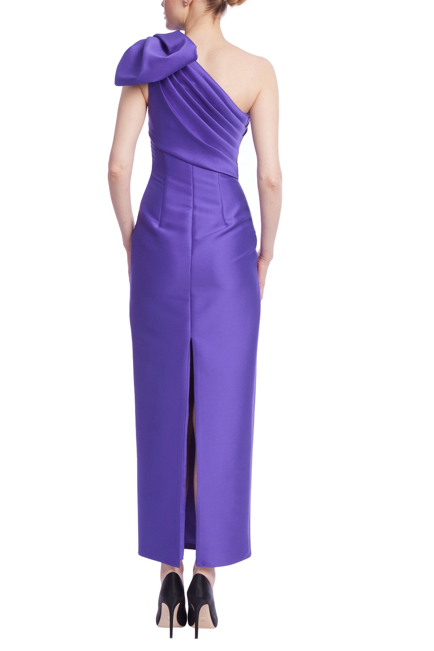 Badgley Mischka One Shoulder Bow Column Midi Dress - AMETHYST - Back