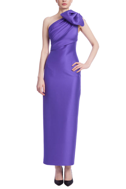 Badgley Mischka One Shoulder Bow Column Midi Dress - AMETHYST - Front