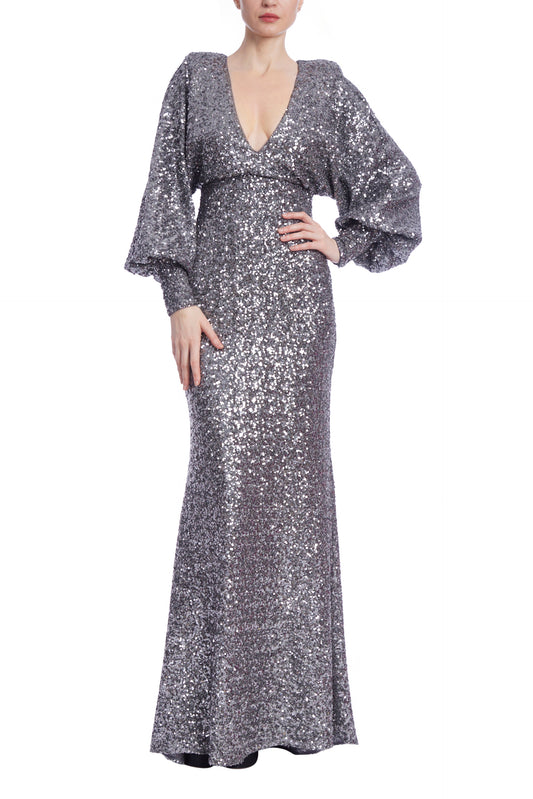 Badgley Mischka Deep V-Neck Dolman Long Sleeve Cinched Waist Floor-Length Sequin Dress Gown - PEWTER - Front