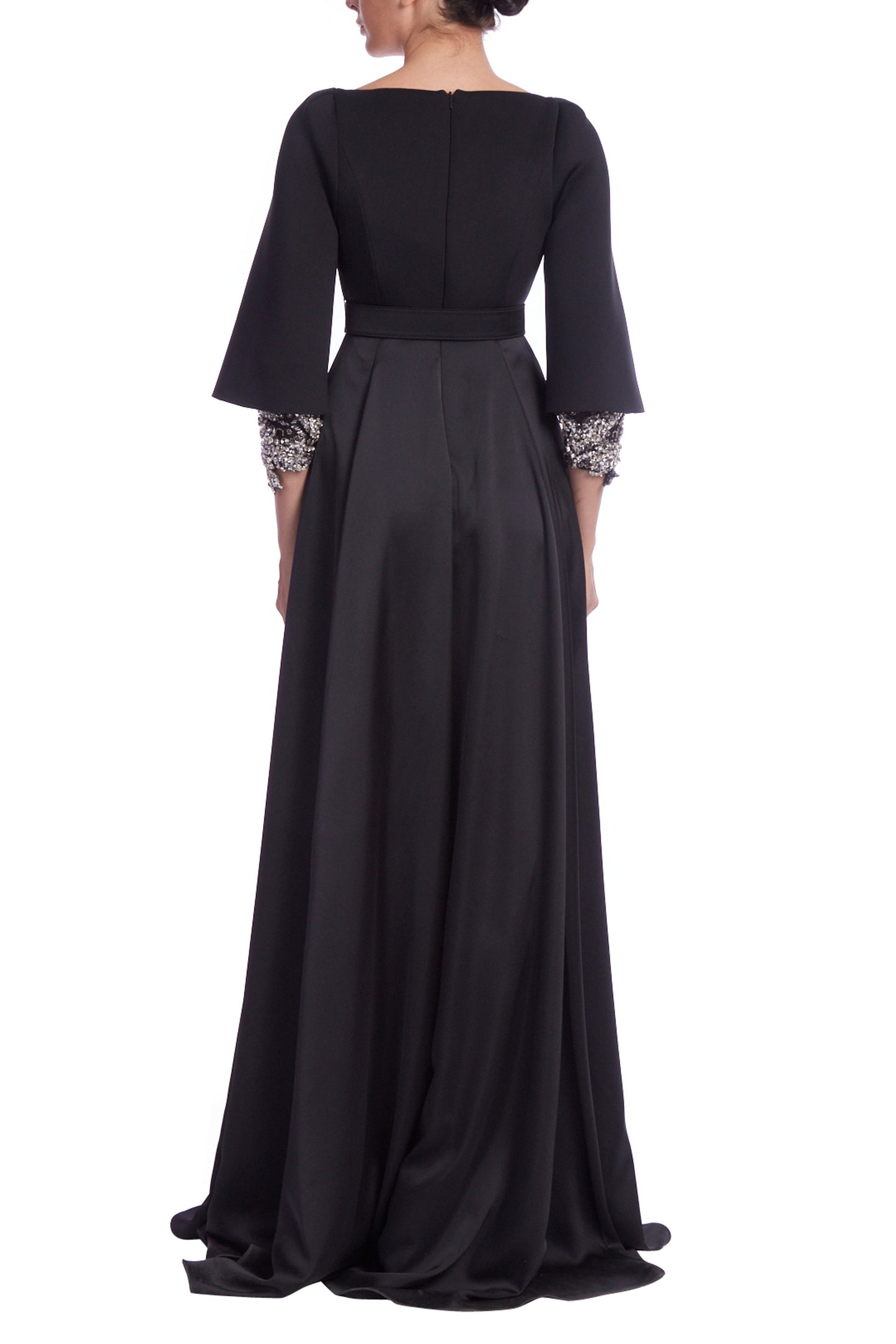 Badgley Mischka Square Neck V-Notch Beaded Cuffs Empire Waist Floor-Length Satin Dress Gown - BLACK - Back