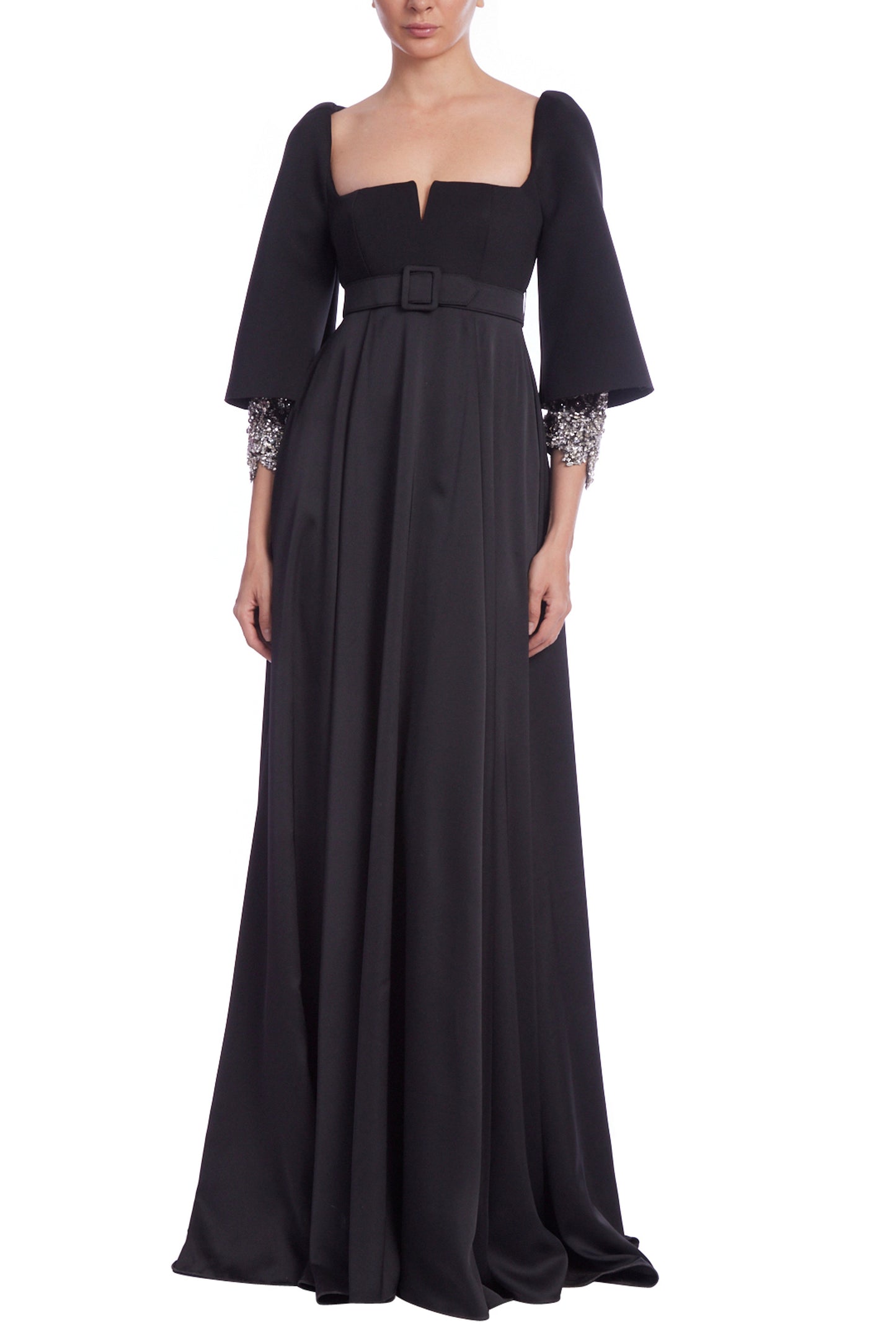 Badgley Mischka Square Neck V-Notch Beaded Cuffs Empire Waist Floor-Length Satin Dress Gown - BLACK - Front