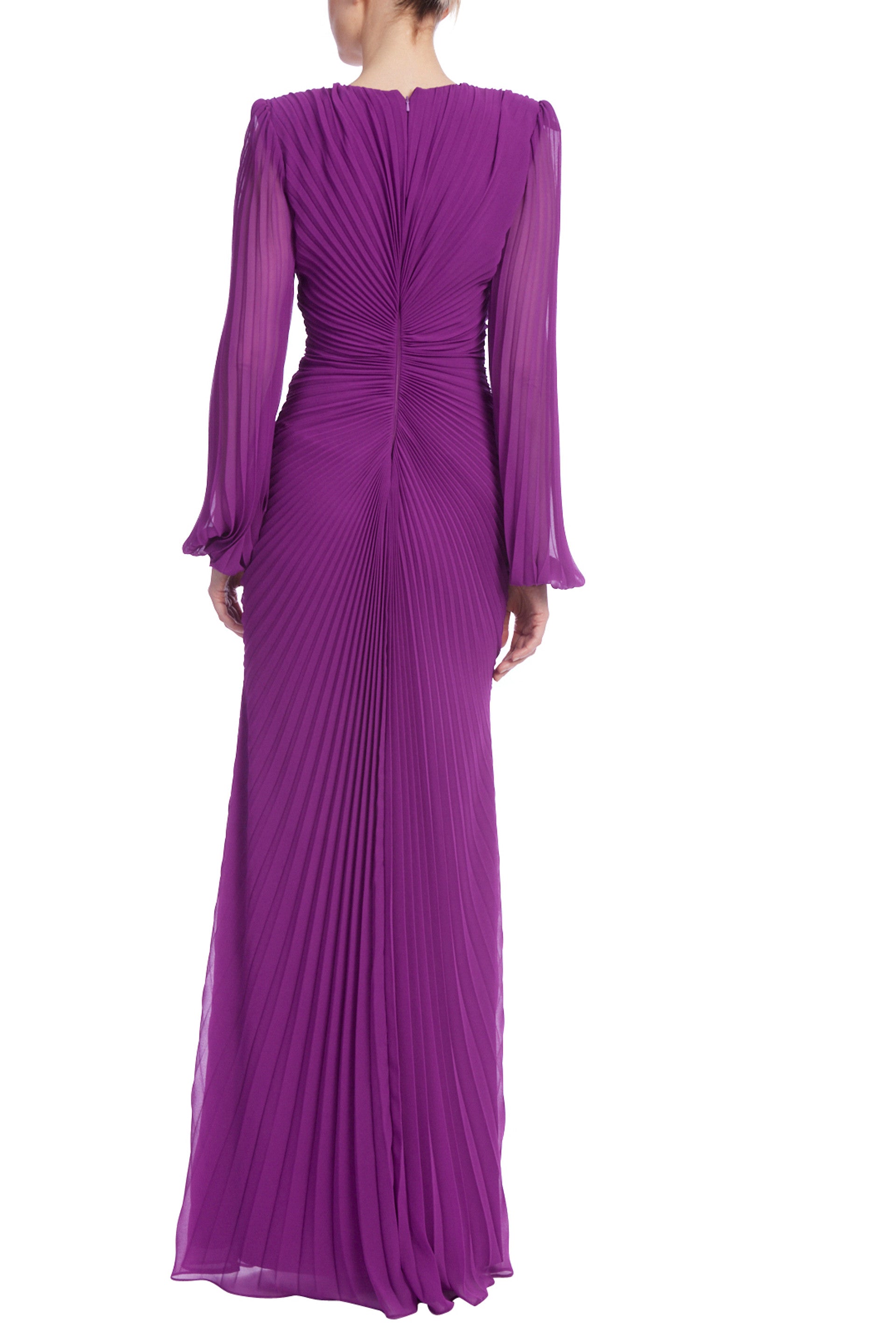 Badgley Mischka V-Neck Long Sheer Sleeves Cinched Waist Back Zip Closure Floor Length Pleated Gown- AMETHYST - Back