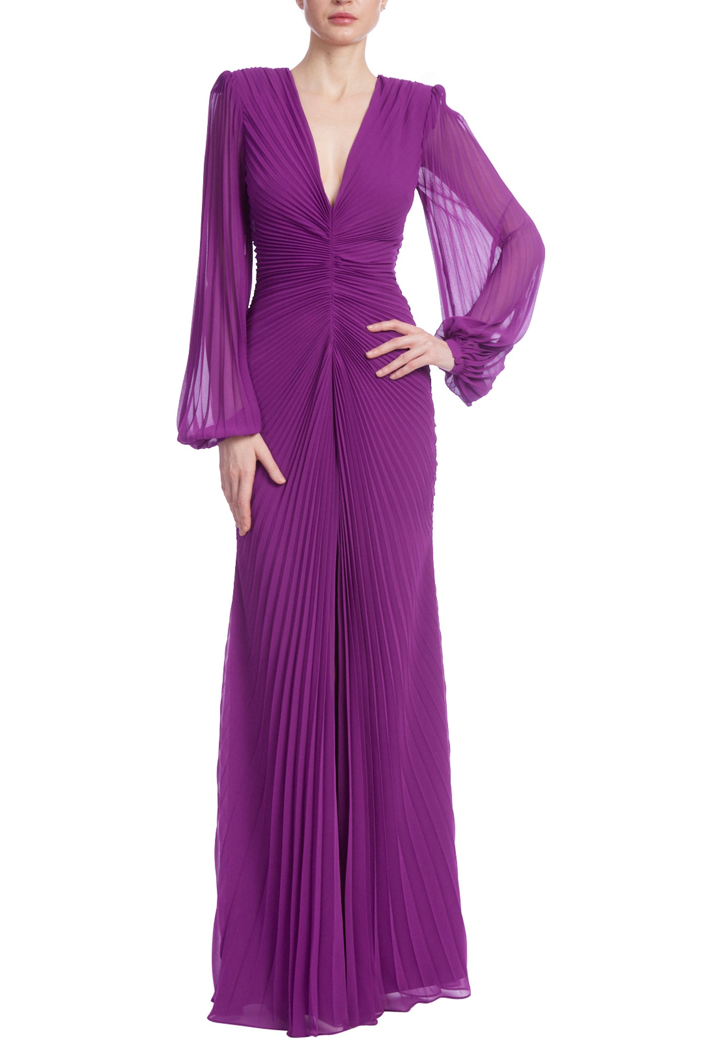 Badgley Mischka V-Neck Long Sheer Sleeves Cinched Waist Back Zip Closure Floor Length Pleated Gown - AMETHYST - Front