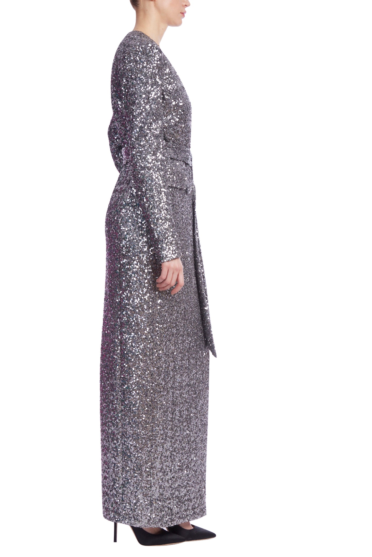 Badgley Mischka Deep V-Neckline Padded Shoulders Waist Cinching Sash Long Sleeves Sequin Wrap Coat Gown Dress