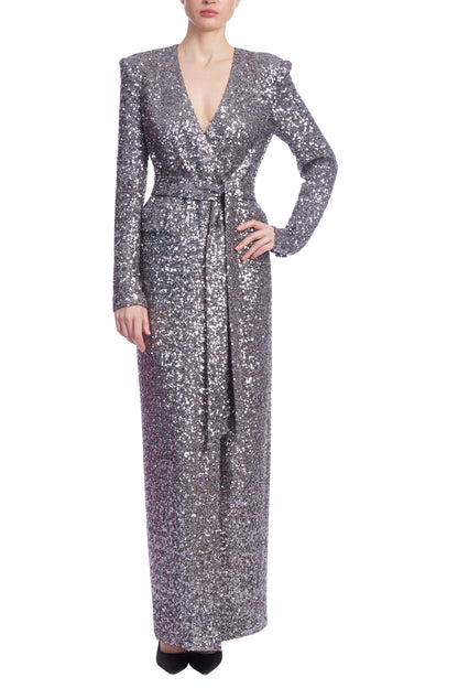 Badgley Mischka Deep V-Neckline Padded Shoulders Waist Cinching Sash Long Sleeves Sequin Wrap Coat Gown Dress- PEWTER - Front