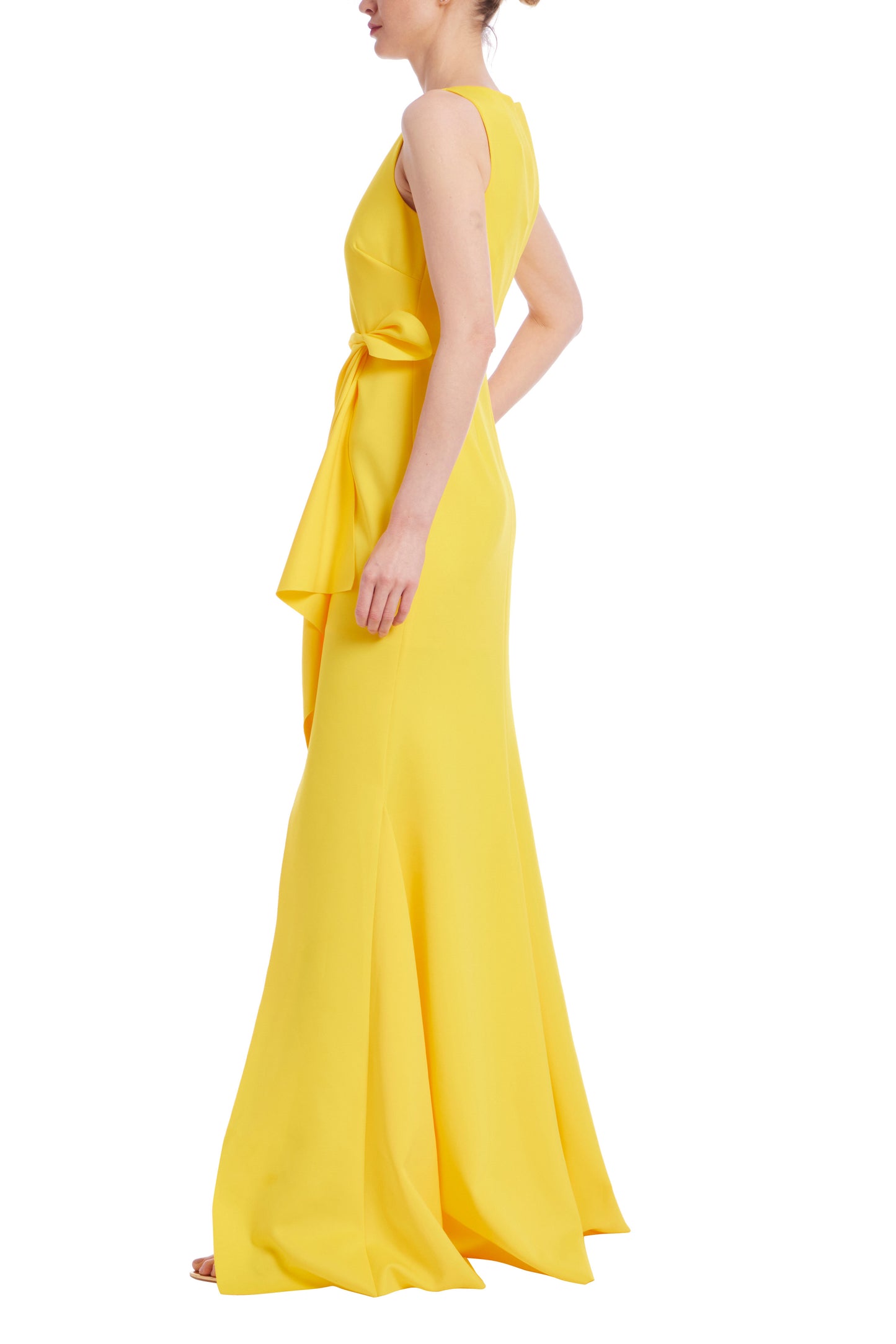 Badgley Mischka Round Neckline Sleeveless Waist Side-Draped Tie Hi-Low Hemline Dress