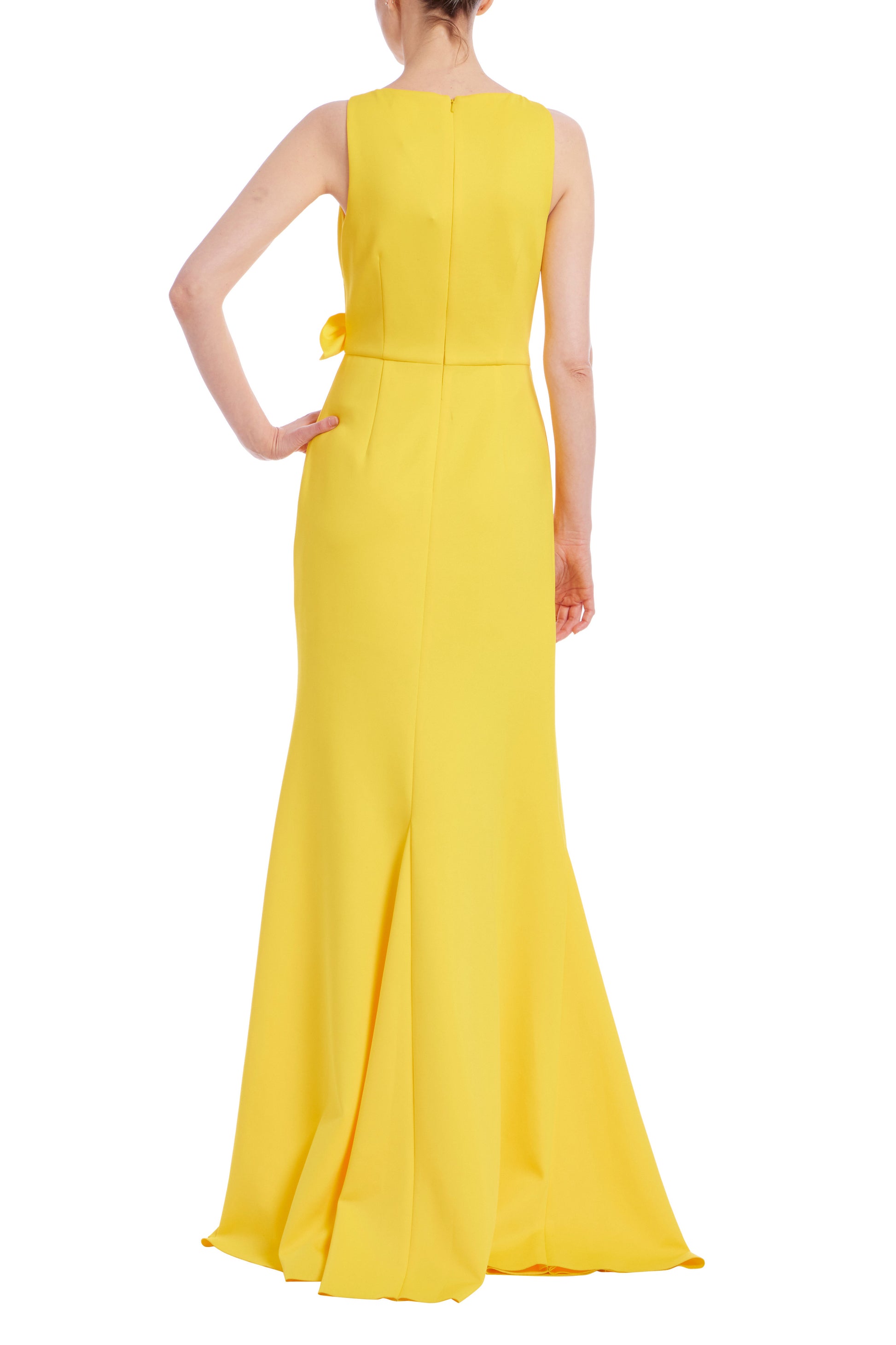 Badgley Mischka Round Neckline Sleeveless Waist Side-Draped Tie Hi-Low Hemline Dress - YELLOW - back
