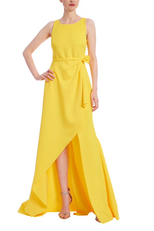 Badgley Mischka Round Neckline Sleeveless Waist Side-Draped Tie Hi-Low Hemline Dress - YELLOW - front