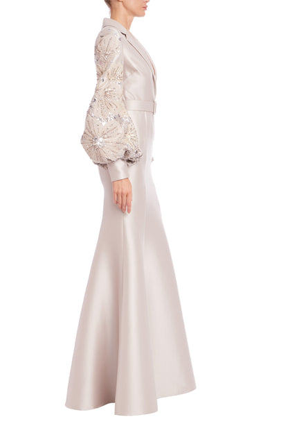 Badgley Mischka Plunging Lapel Neckline Beaded Long Puff Sleeves Cinching Waist Belt Mermaid Hem Gown Dress
