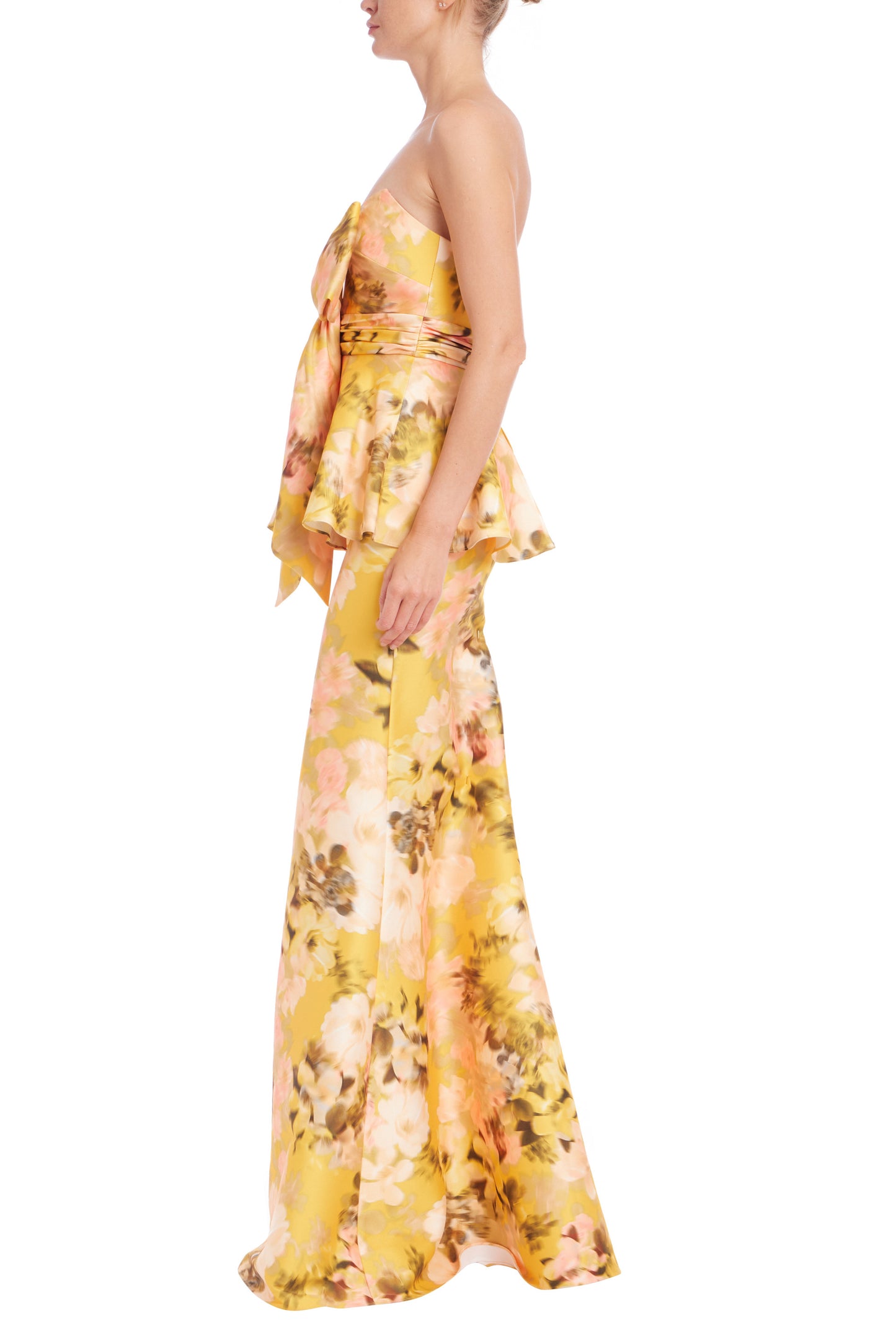 Badgley Mischka Sunny Yellow Blooms Strapless Waist-Cinching Bow Peplum Mermaid Skirt Silhouette Gown Dress