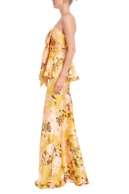 Badgley Mischka Sunny Yellow Blooms Strapless Waist-Cinching Bow Peplum Mermaid Skirt Silhouette Gown Dress
