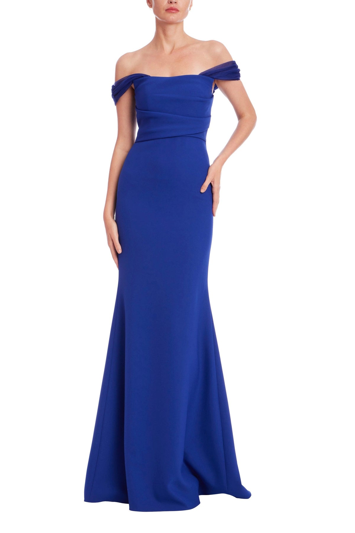 Off-the-Shoulder Floor-Length Crepe Formal Column Gown Draped Sleeves Badgley Mischka EG4499