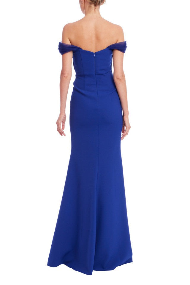 Off-the-Shoulder Floor-Length Crepe Formal Column Gown Draped Sleeves Badgley Mischka EG4499