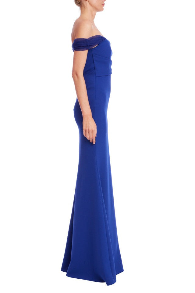 Off-the-Shoulder Floor-Length Crepe Formal Column Gown Draped Sleeves Badgley Mischka EG4499