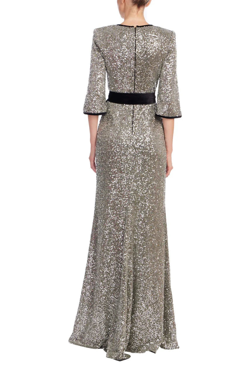 Badgley Mischka Sequined & Velvet Sash V-Neck Gown EG4584B