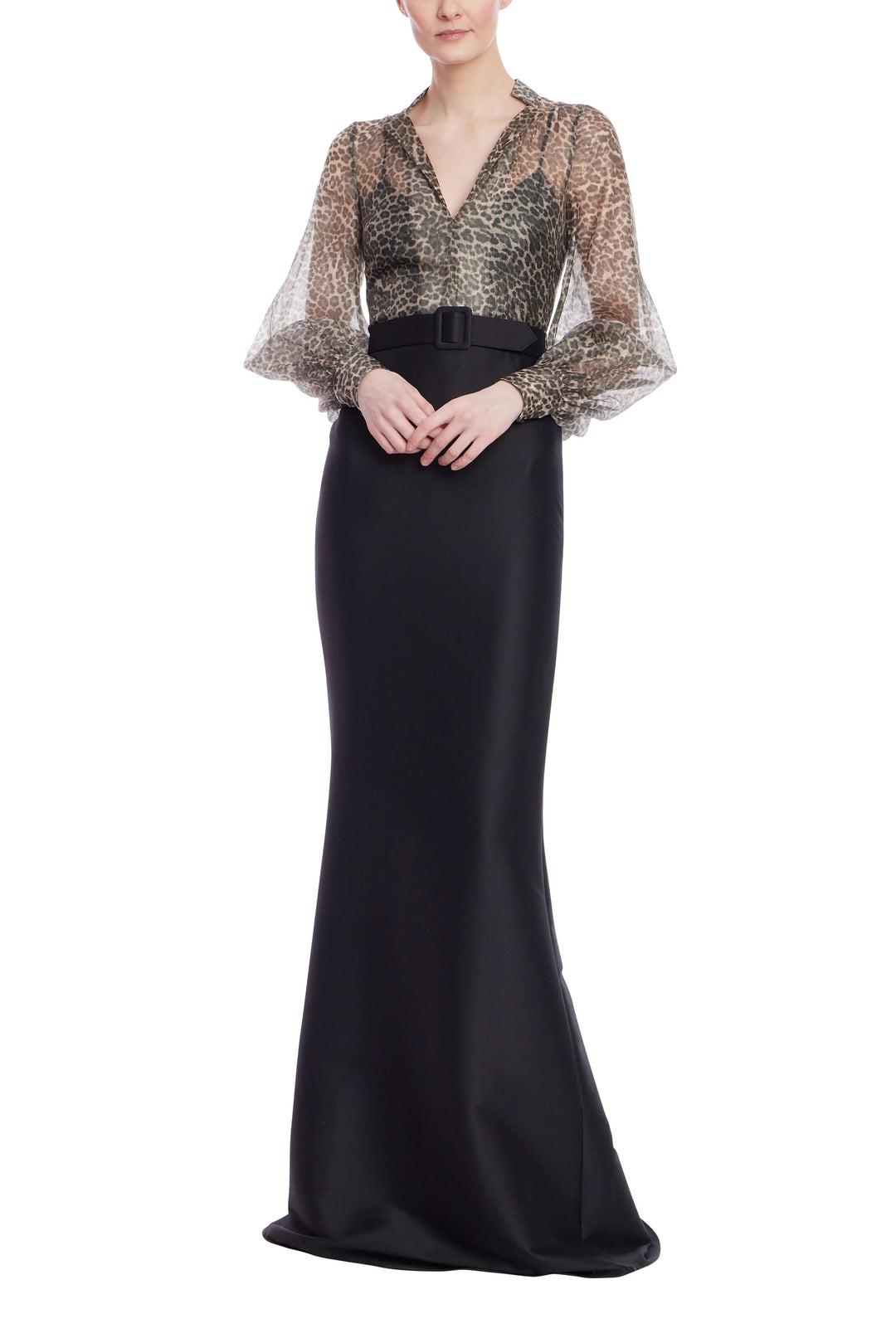 Black High Neck Floor-Length Crepe Mother of the Bride Mermaid Dress Sheer Animal Print Bodice Badgley Mischka EG4602A