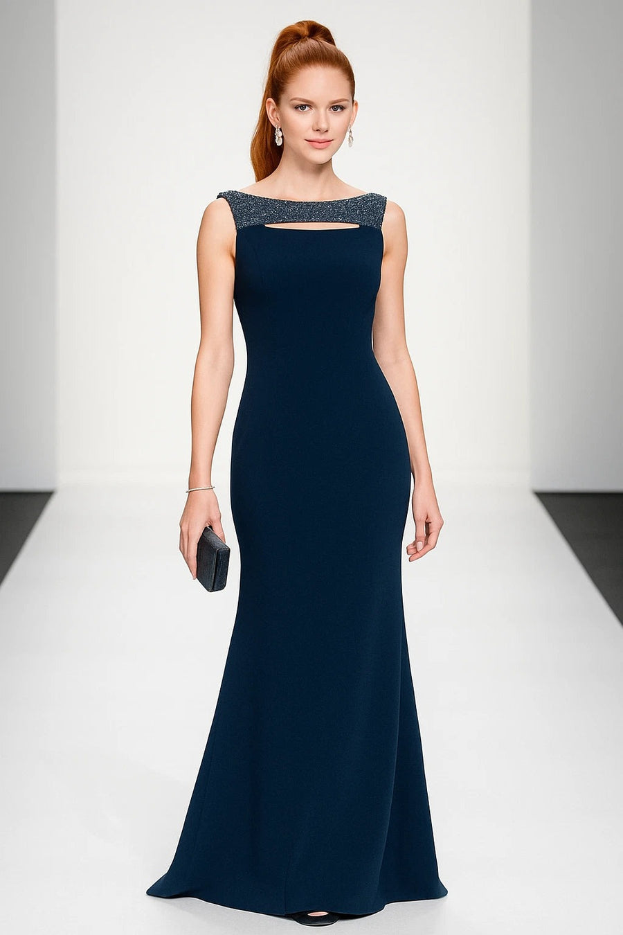 Bateau Neck Floor-Length Crepe Formal A-Line Gown Beaded Neckline Badgley Mischka EG4620