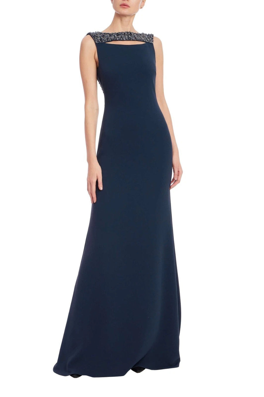 Bateau Neck Floor-Length Crepe Formal A-Line Gown Beaded Neckline Badgley Mischka EG4620