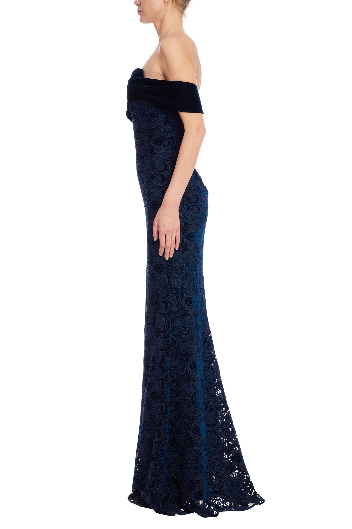 Badgley Mischka Off-Shoulder Velvet Burnout Lace Column Gown with Zipper Back