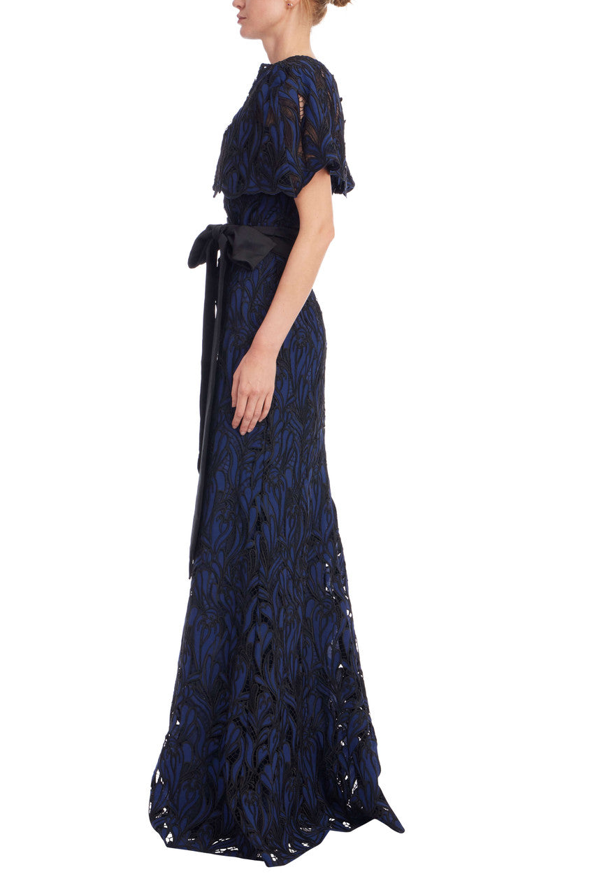 Navy Black Jewel-Neck Floor-Length Lace Formal Capelet Gown Badgley Mischka EG4637