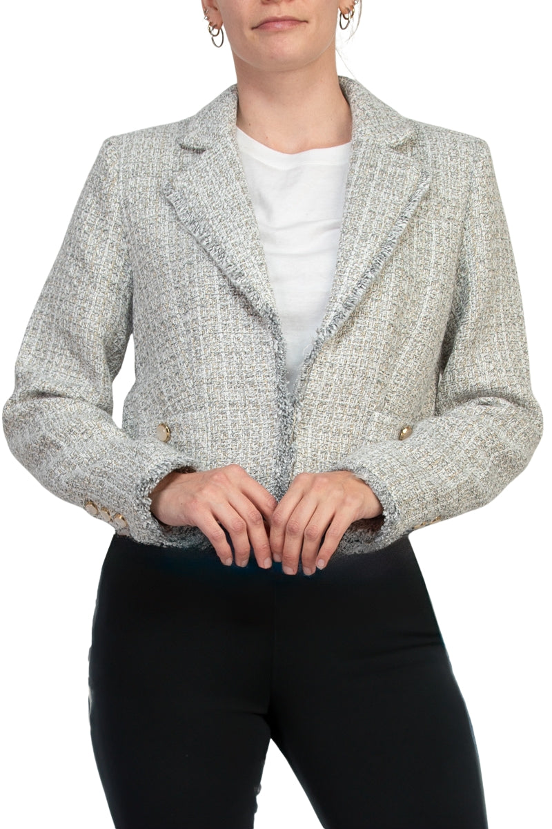 Elie Long Sleeve Tweed Metallic Open-Front Blazer With Patch Pockets With Metal Chain Logo Bar - WHITE GREY GOLD - Front