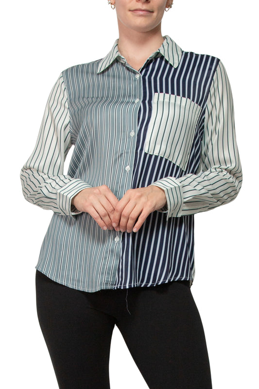 Elie Pointed Collar Neckline Long Sleeves Buttoned Cuffs Chest Pocket Striped Button Down Shirt - MULTI - Front