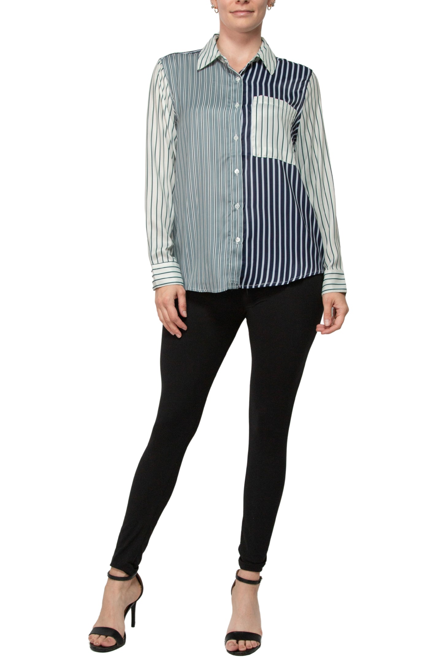 Elie Pointed Collar Neckline Long Sleeves Buttoned Cuffs Chest Pocket Striped Button Down Shirt - MULTI - Front Full View