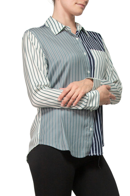 Elie Pointed Collar Neckline Long Sleeves Buttoned Cuffs Chest Pocket Striped Button Down Shirt - MULTI - Side View