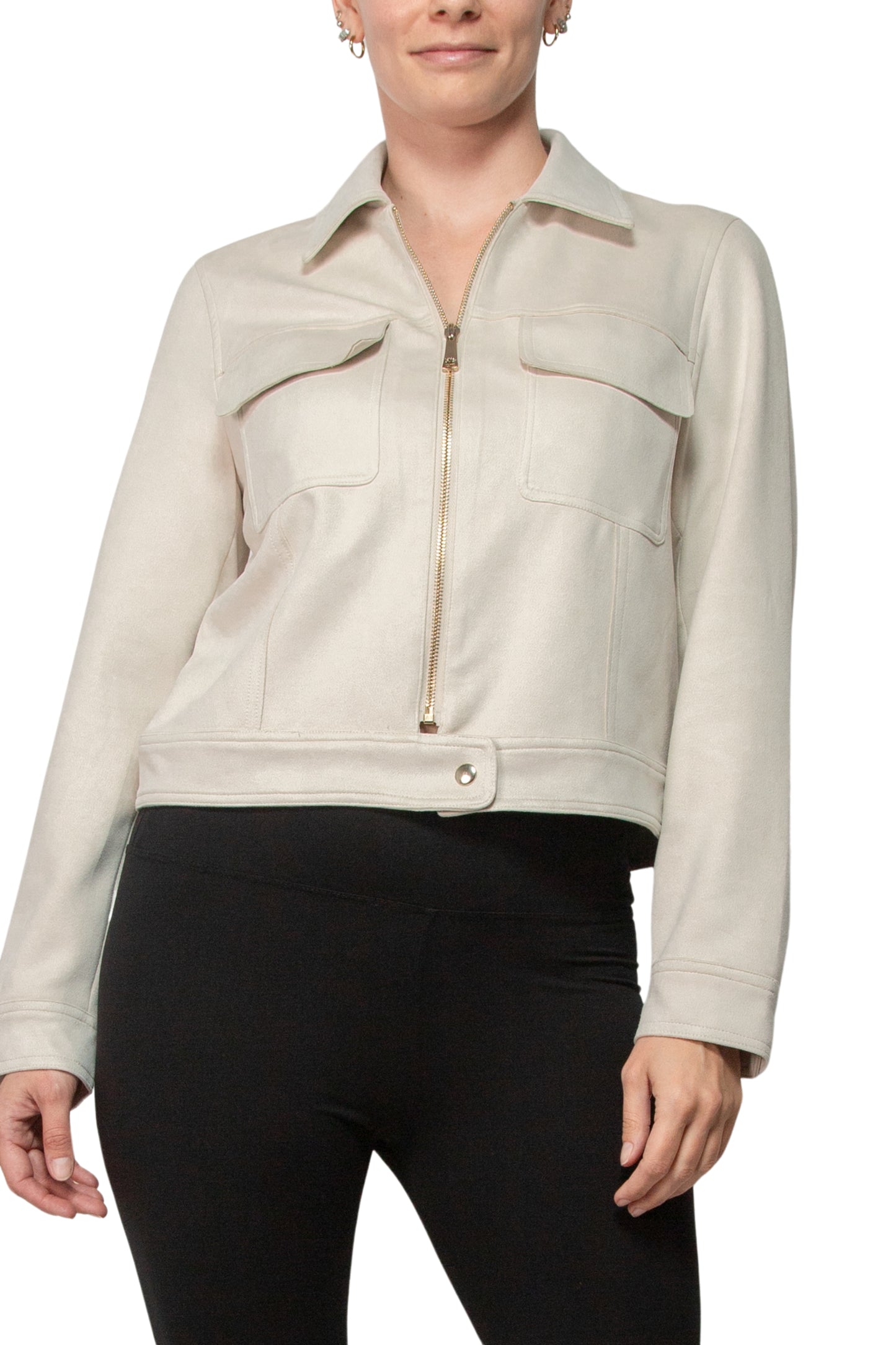 Elie Spread Collar Long Sleeves Chest Pockets Faux Leather Zip Closure Jacket - BONE - TOP VIEW