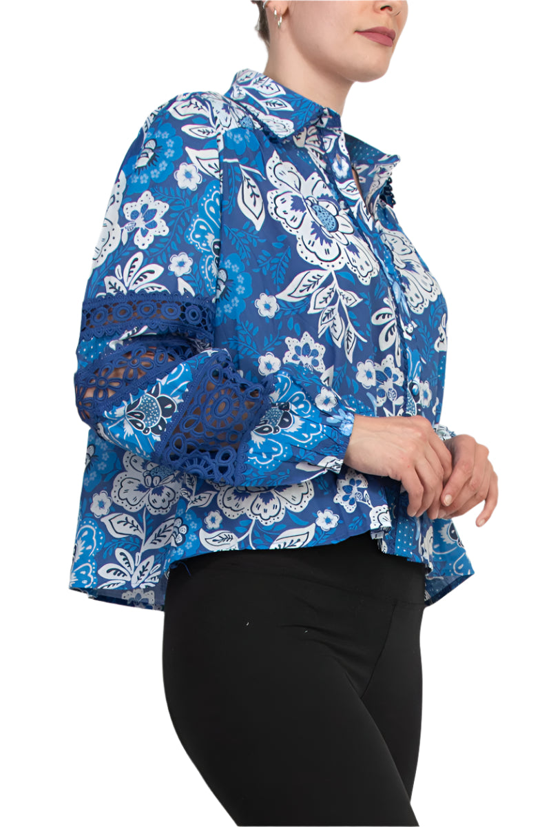 Elie Tahari Vibrant Blue Floral Collared Neckline Lace Trim Long Sleeves Top Blouse Dress - PRINT - SIDE