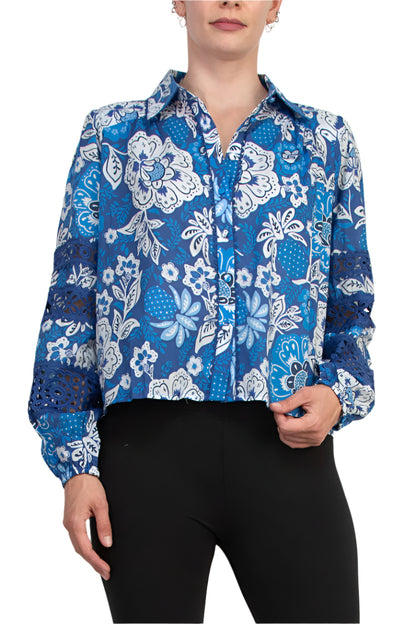 Elie Tahari Vibrant Blue Floral Collared Neckline Lace Trim Long Sleeves Top Blouse Dress - PRINT - front