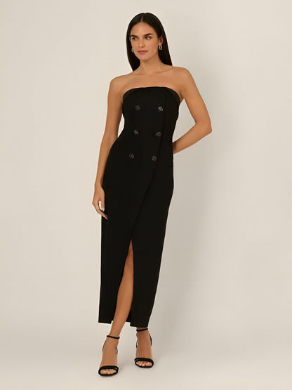 Black Strapless Midi Crepe Cocktail Dress with Front Slit Adrianna Papell ADAE211446