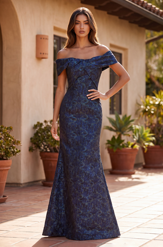 Off the Shoulder Floral Jacquard Mermaid Evening Formal Dress