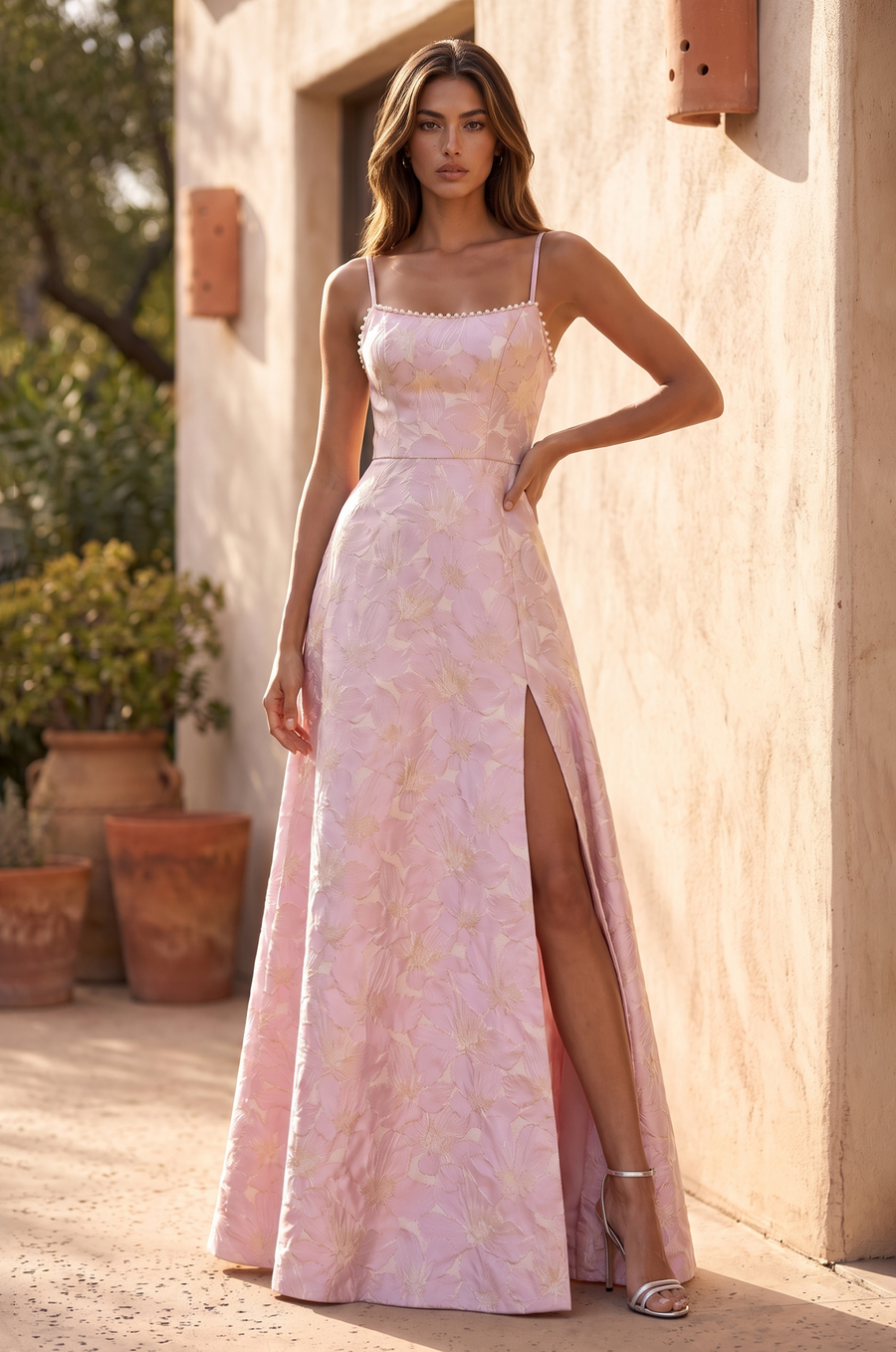 Pink floor-length A-line gown, front view