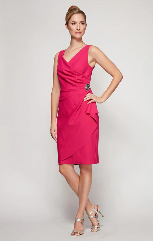 Wholesale Contour Collection Short Side Ruched Dress Featuring SmoothFit Fabric with Surplice Neck Alex Evenings 134005