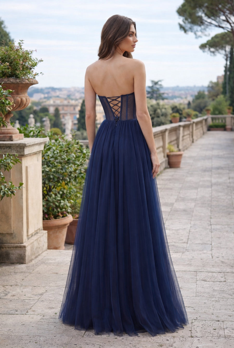 Lace Up Prom Party Dress Formal Ball Gown Navy