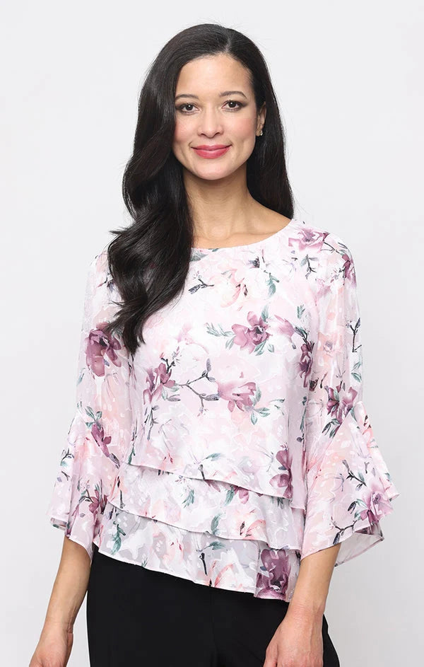 Petite Chiffon Bell Sleeve Bateau Neck Blouse with Tiered Hem Alex Evenings 82751014