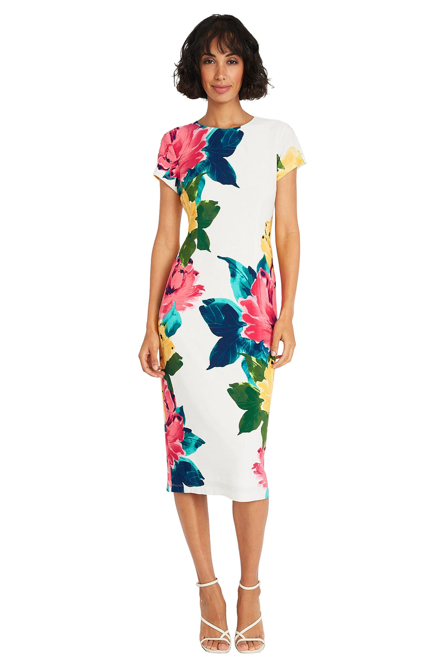 Maggy London Floral Short Sleeve Midi Sheath Dress G5527M - White/Coral Pink